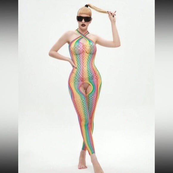 Rainbow Color Halter Top One-Piece Fishnet Bodysuit - Picture 6 of 8